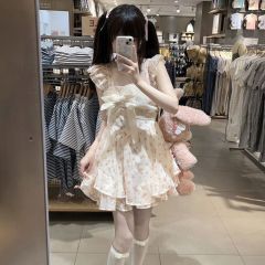 Small flying sleeves floral dress with a female summer small man with bow and escaped princess short skirt