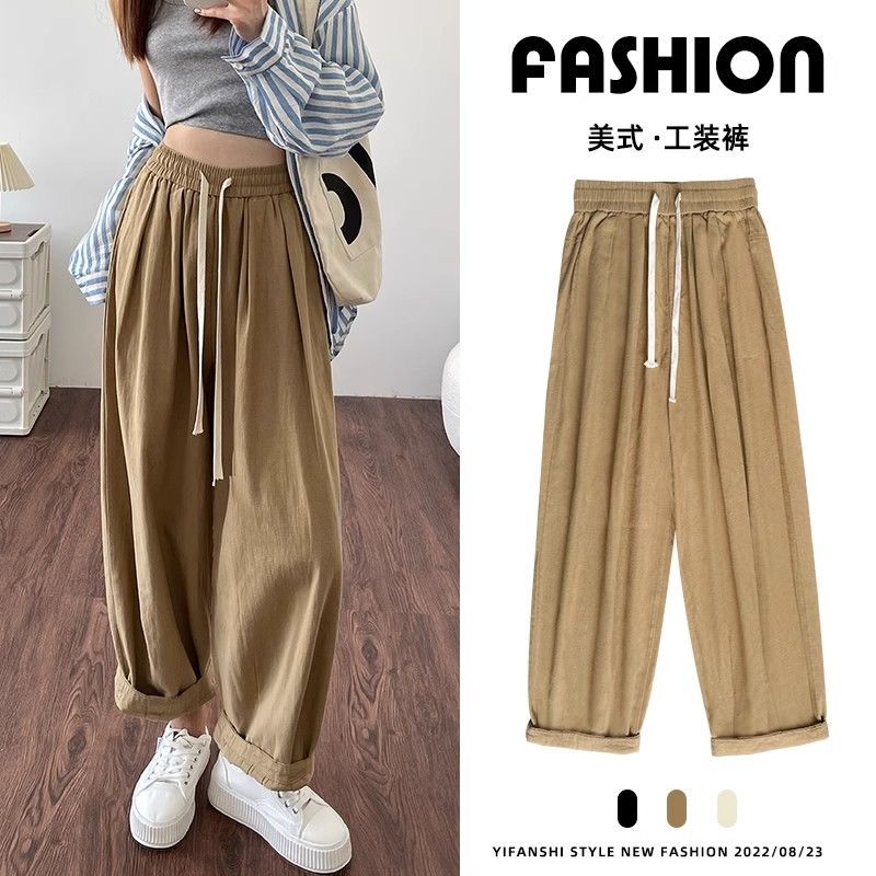 Khaki work pants for women in spring and summer high waist slimming pure cotton Japanese loose carrot pants casual straight pants wide-leg pants