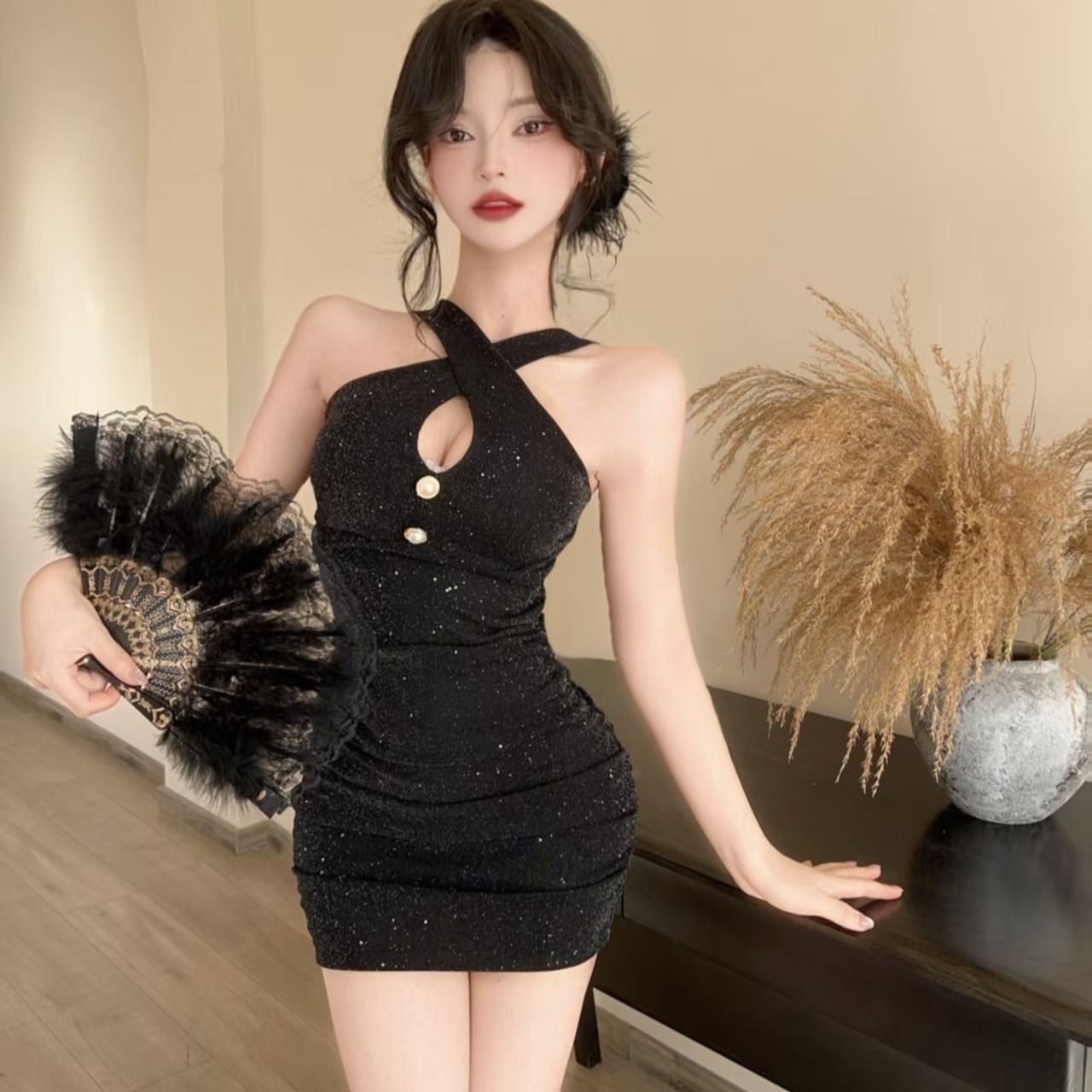 Real-life new trick design halter neck hollow slim dress