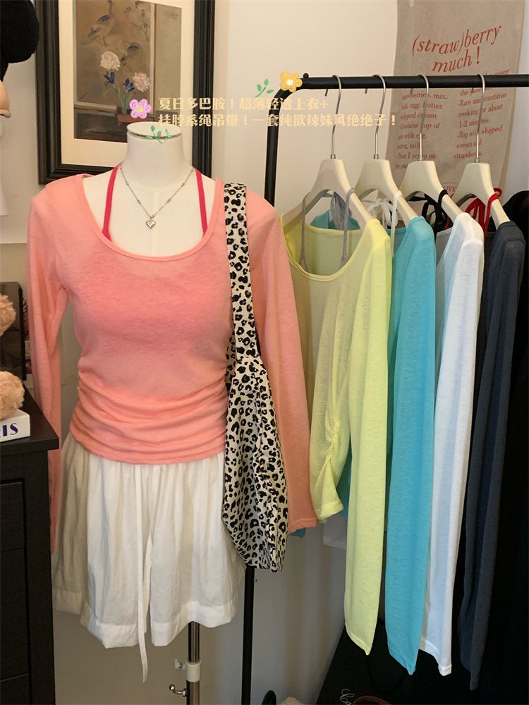 Real shot of new sunscreen long-sleeved top for women's halter neck T-shirt + beautiful neck vest strap