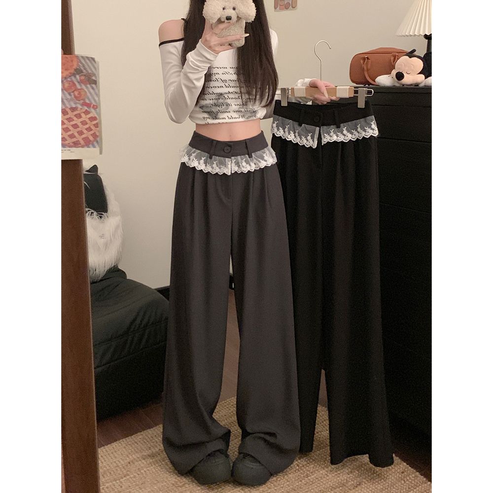 Real shot!  2025 new design lace spliced ​​suit casual pants for women with high waist loose straight wide-leg pants