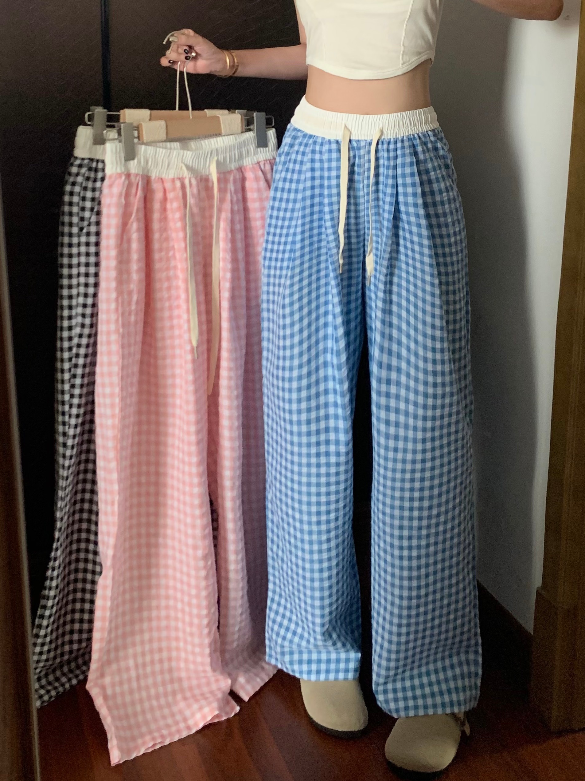 Real-life pink plaid wide-leg pants design and lazy style loose casual straight-down and floor pants