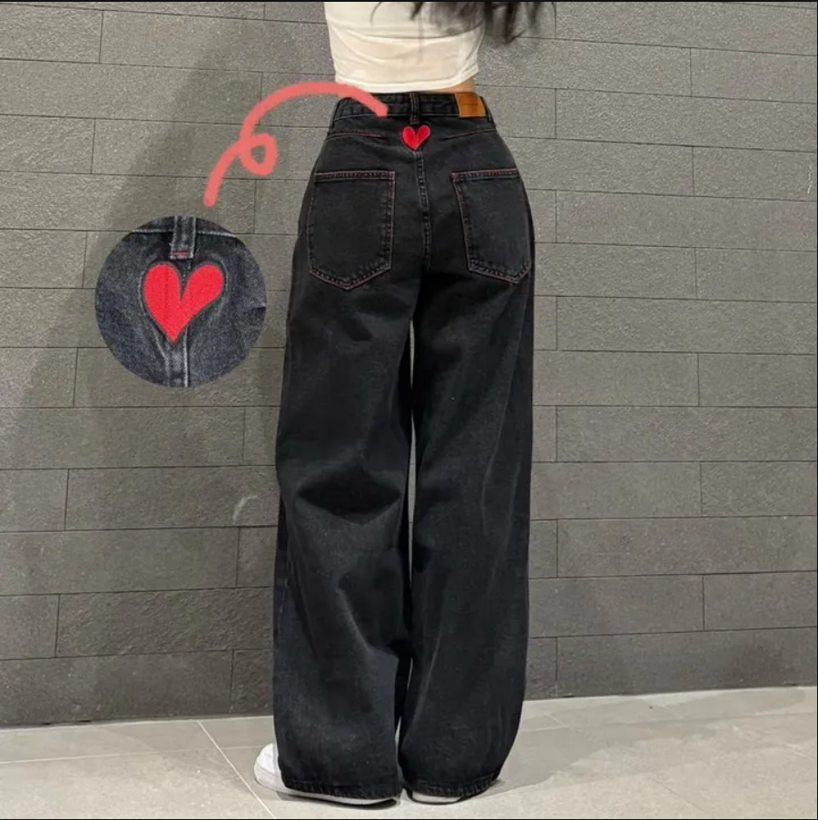 Red little love embroidered loose jeans