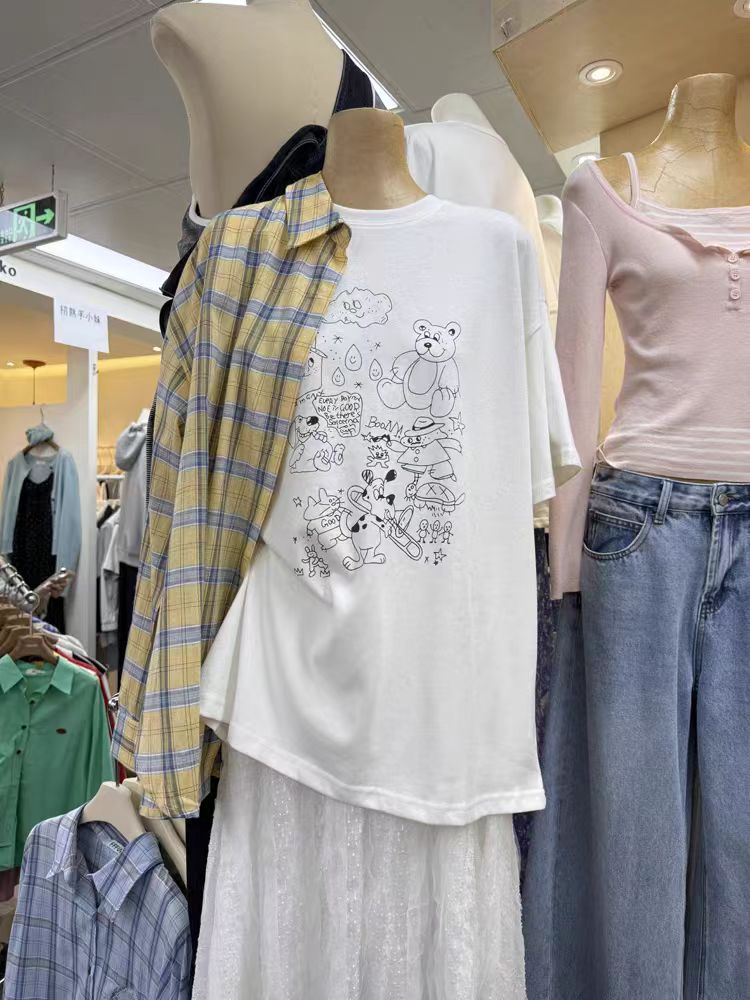 200g combed and tight-fitting sprinkler, pure cotton backpack, spring and summer loose shoulder printed short-sleeved T-shirt