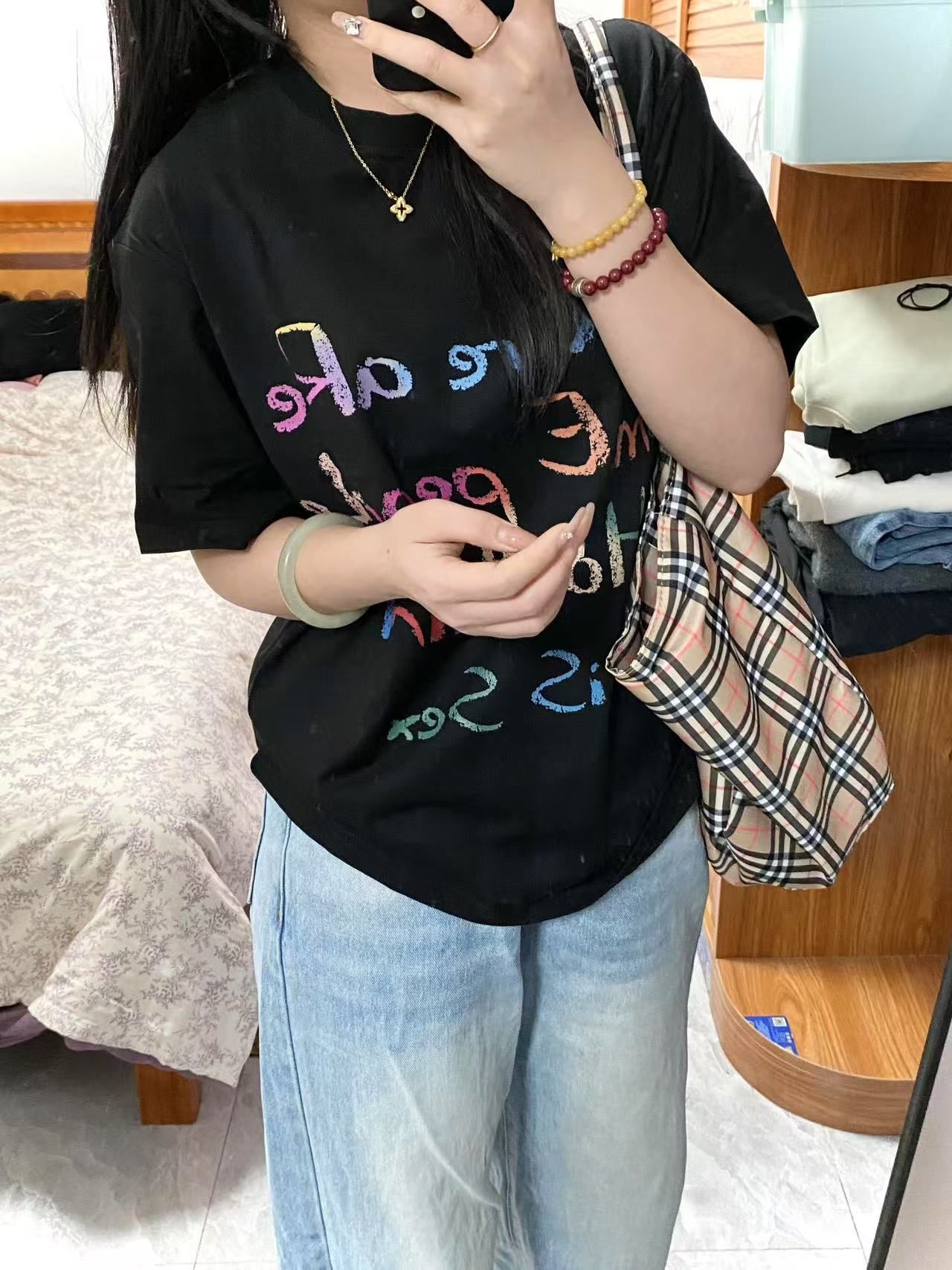 200g combed and tight-fitting sprinkler, pure cotton backpack, spring and summer loose shoulder printed short-sleeved T-shirt