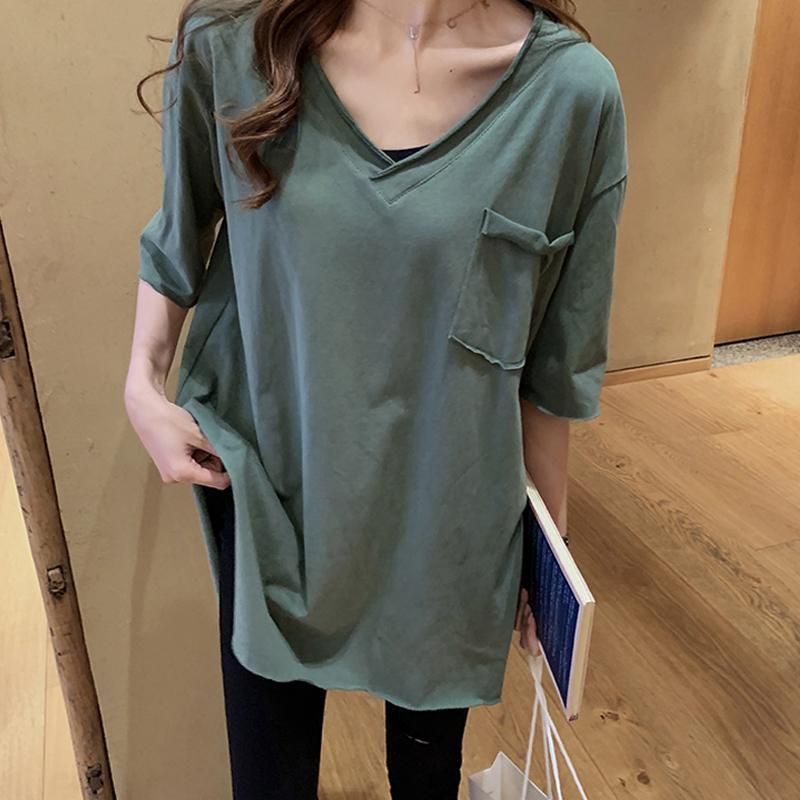 Slit T-shirt for women in summer loose slim Korean style rolled front short back long short sleeves v-neck cotton