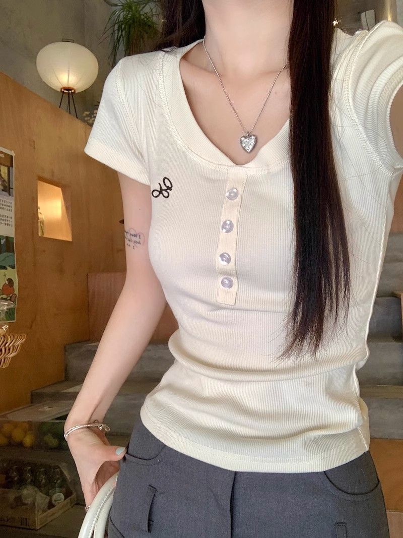 Modal 260g small V-neck short-sleeved embroidered T-shirt for women's design slim and chic front shoulder top