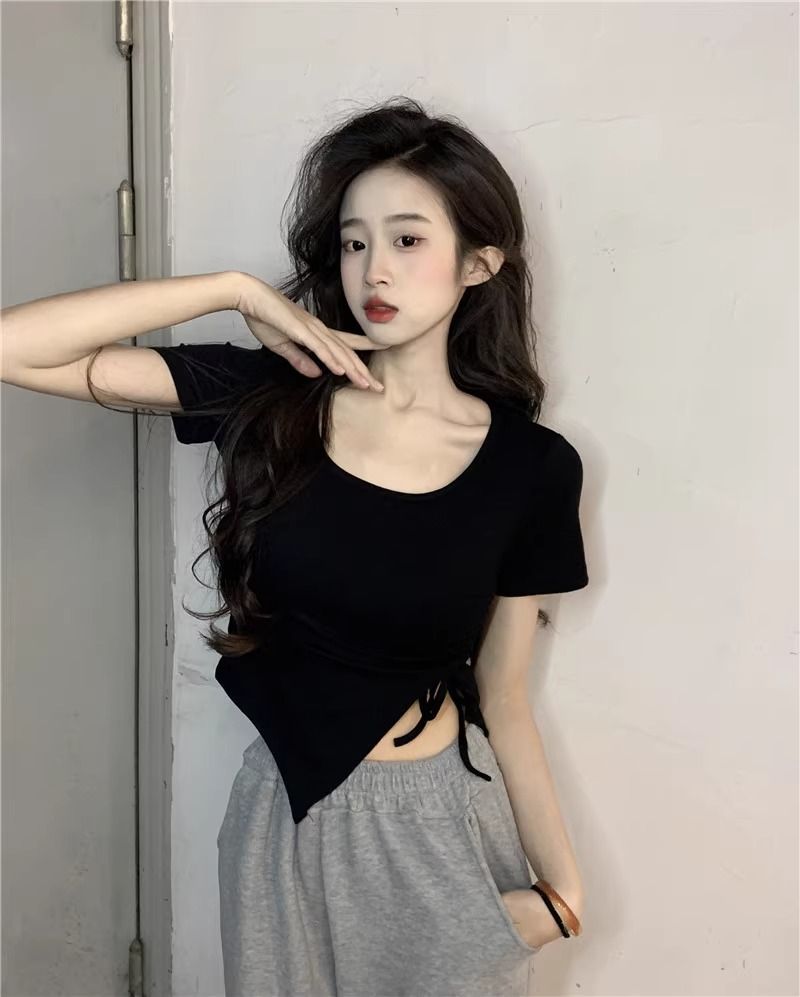 2025年新款92棉/8氨綸40支210g純棉 U領不規則抽繩短袖t恤女