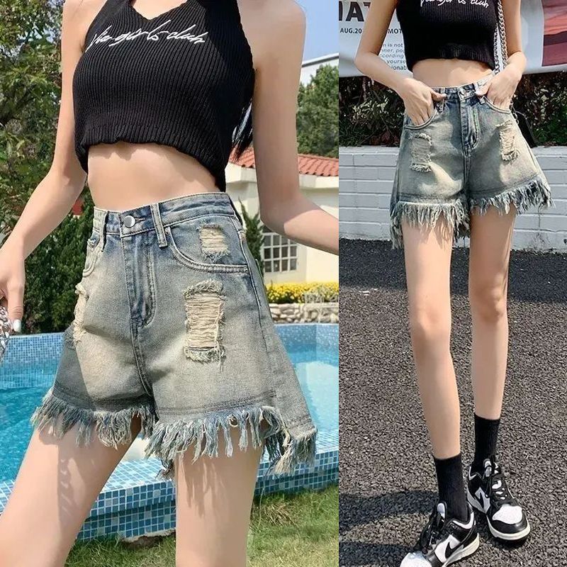 Nostalgic ripped wool denim shorts for women in spring and summer new loose and slim high waist A-line wide-leg denim hot pants