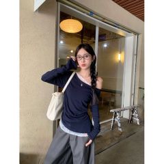 原版品質設計感蕾絲斜肩長袖T恤女裝早秋辣妹性感修身上衣