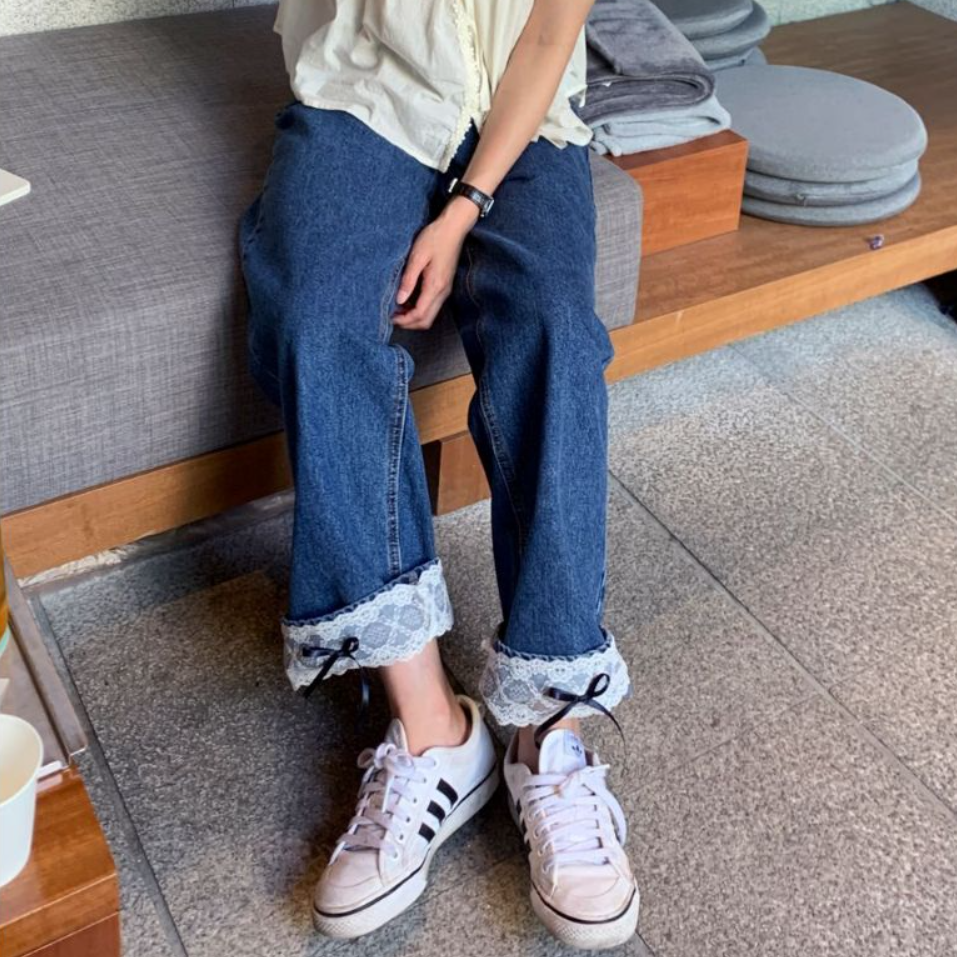 Lace denim ribbon date blue pants hem race jeans