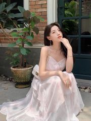 First sunny independent French high waist pleated ruffled chiffon dress for women summer high-end vacation fairy suspender long skirt