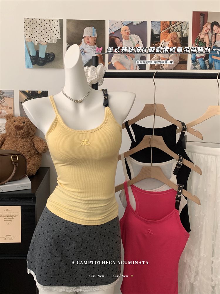 Real shot of 2025 summer new American pure and simple embroidered suspender vest slim-fitting beautiful back top