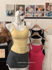 Real shot of 2025 summer new American pure and simple embroidered suspender vest slim-fitting beautiful back top