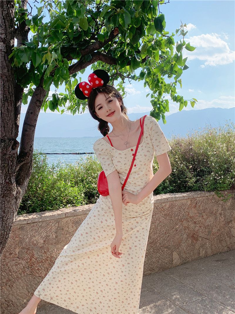 大碼法式小眾碎花氣質連衣裙女裝夏季胖mm新款收腰顯瘦遮肚長裙子