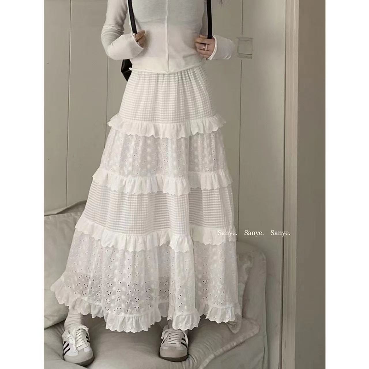 White skirt for women in summer high waist A-line skirt cake skirt gentle style long skirt design niche hook flower skirt
