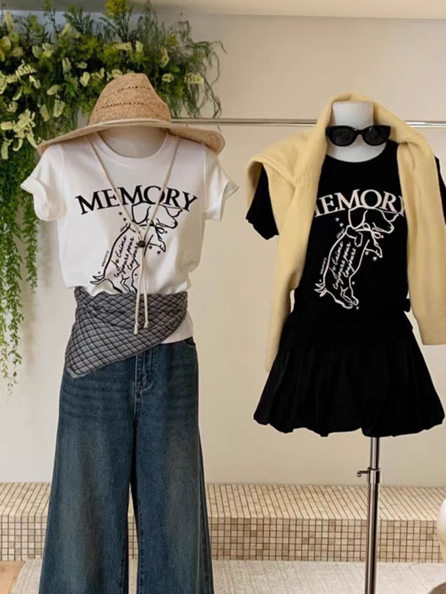 2025 printed front shoulder short-sleeved T-shirt for women in summer new niche American pure cotton slim T-shirt top