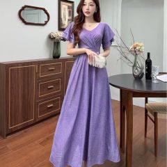 Real shot of new high-end fashionable feminine dress with temperament V-neck slim sexy elegant skirt