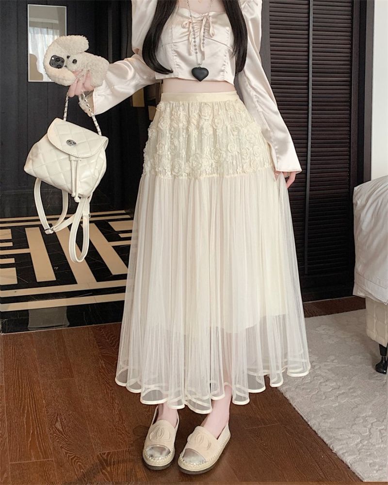 Real photo of flower skirt women's midi-length umbrella skirt design mesh skirt