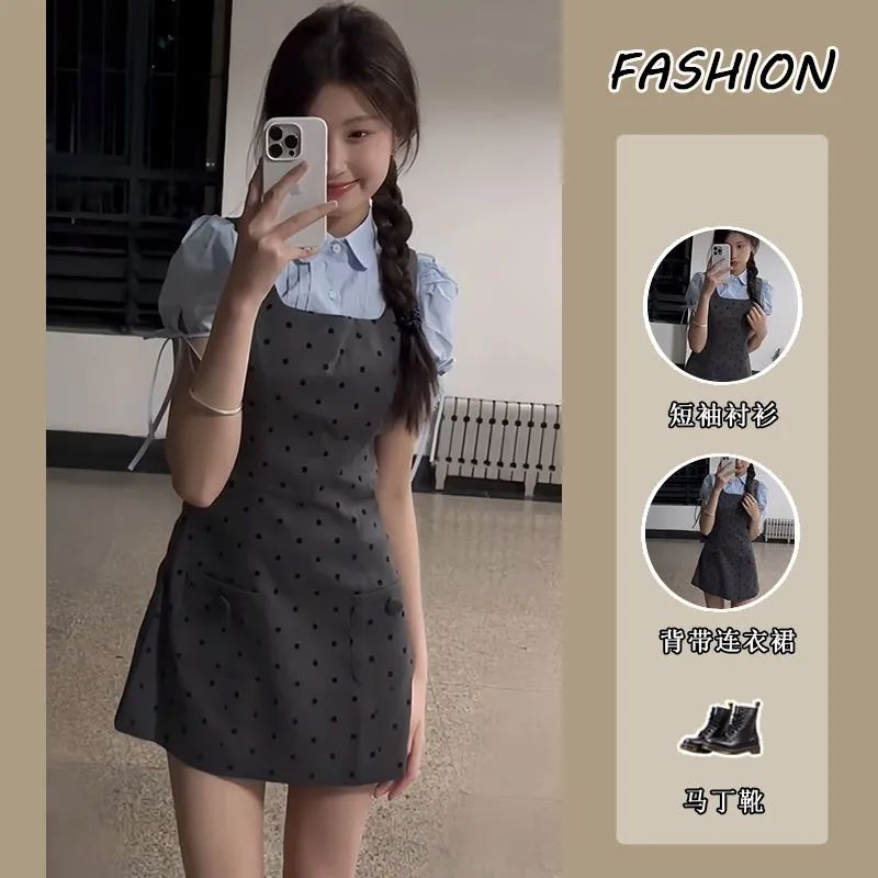 2025 summer age-reducing short-sleeved fake two-piece waist-hugging polka dot college-style hot girl dress