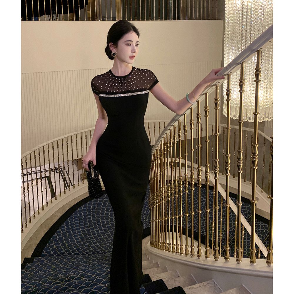 【13th Row Quality】 High-end light luxury sequin lace mesh splicing long evening dress for daily parties 