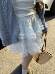 Real shot of lace mesh short skirt for women with high waist A-line multi-layer lace fluffy skirt