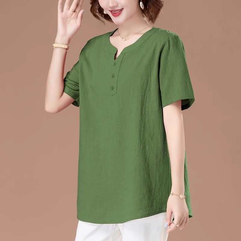 2025 cotton linen short sleeve loose large size top women's summer thin style fashionable summer clothes mother pure cotton shirt middle-aged