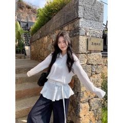 Original fabric sweet and spicy hot girl long-sleeved hooded T-shirt for women spring unique niche loose cut-out long top