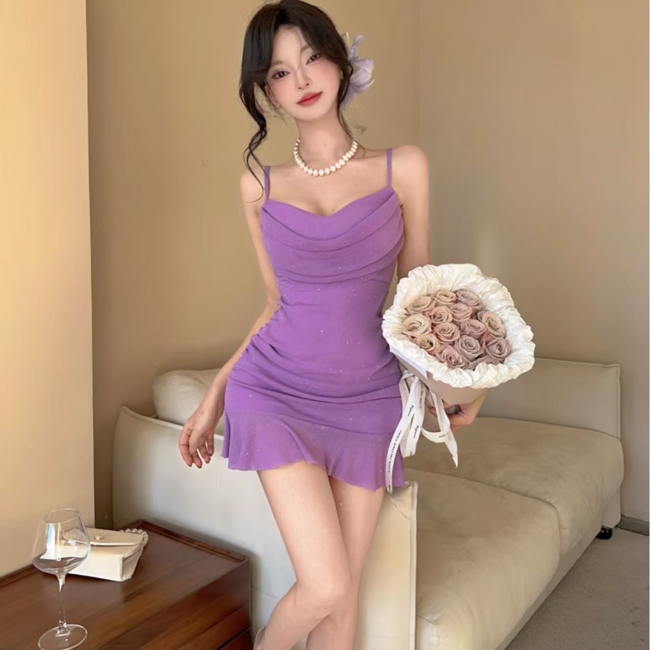 Real shot of sexy ruffled mesh low-cut suspender short dress