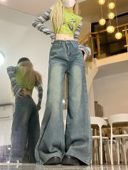 實拍! 復古大喇叭牛仔闊腿褲女新款設計感寬鬆遮胯顯瘦拖地褲子