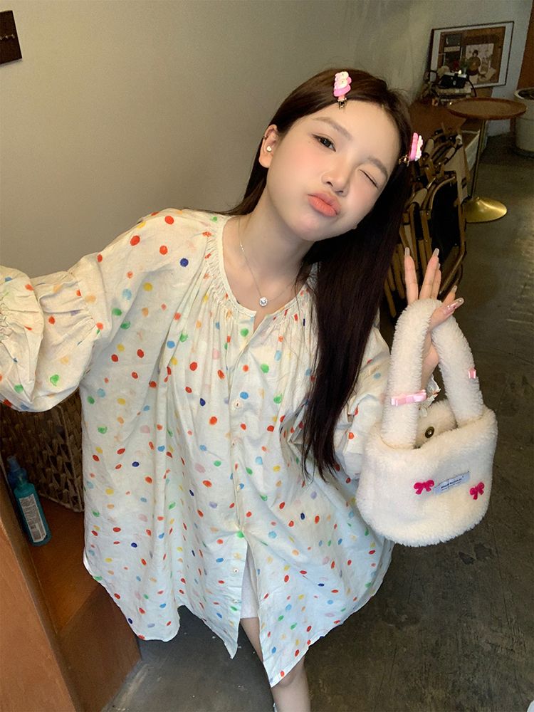 Spring 2025 Colorful Polka Dot Single Breaked Shirt Women's New Sweet Style Loose and Age Reducing Design Long Sleeve Top
