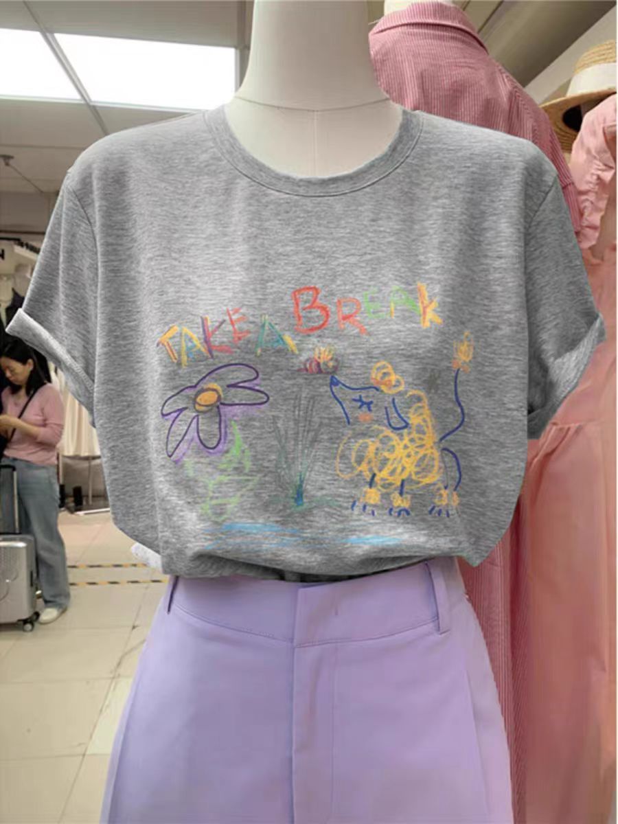 200g combed and tight-fitting sprinkler, pure cotton backpack, spring and summer loose shoulder printed short-sleeved T-shirt