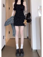 Relaxed Black Floral Print Bodysuit Dress with Belted Short Skirt - A Style That Embraces a Melancholy Vibe