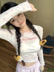 甜美風印花長袖防曬T恤女夏季新款氣質短款修身顯瘦套頭上衣