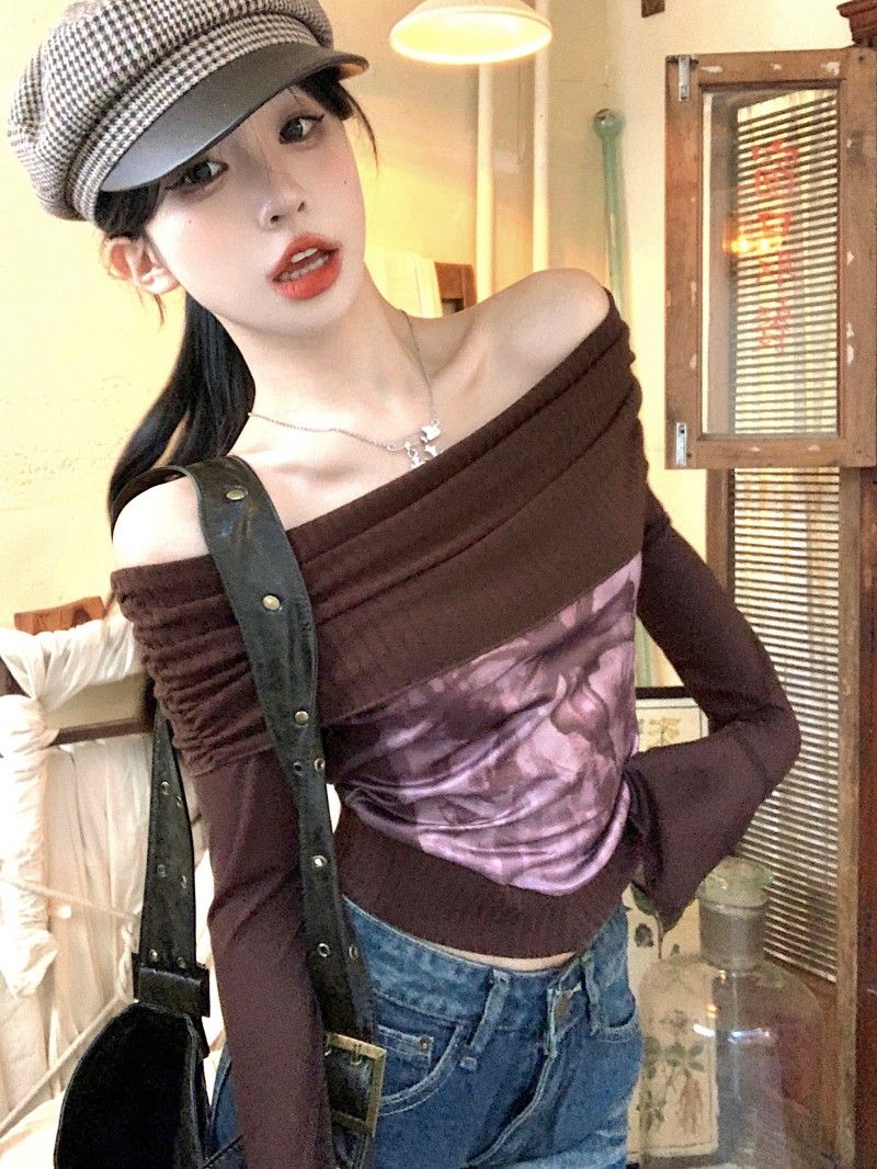 Real shot!  !  Hot girl poker strip one shoulder sexy pullover retro slim printed long-sleeved top for women