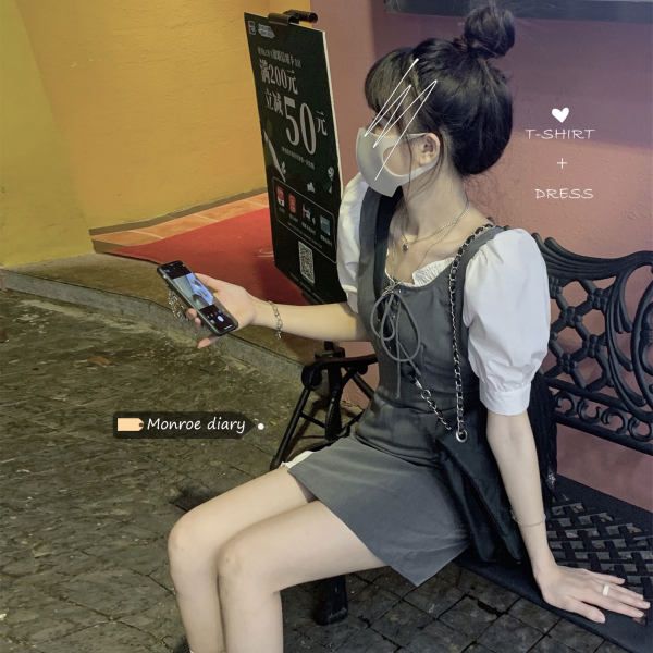 Original workmanship fake two-piece dress summer gray spliced ​​slim short sleeve design hot girl short skirt