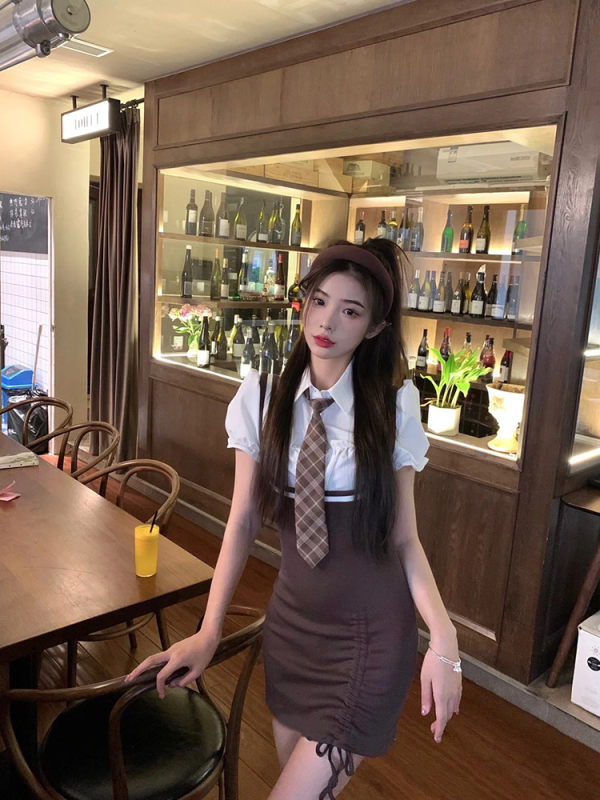 American style college style design strap fake two-piece dress summer pure sweet and spicy jk suit skirt women