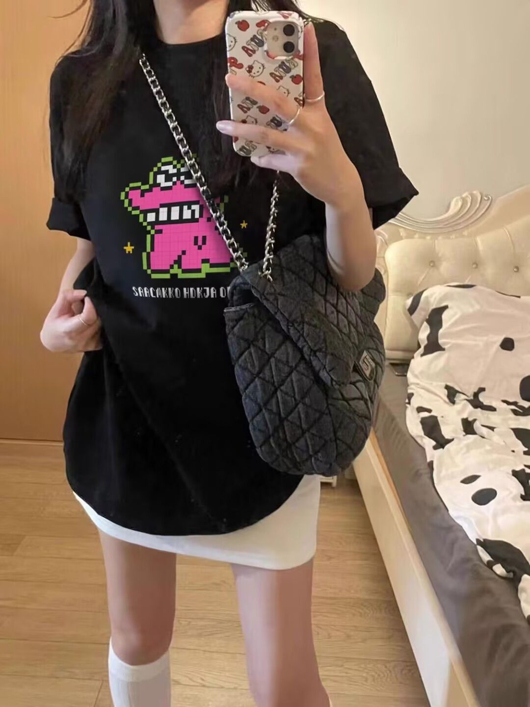 200g combed and tight-fitting sprinkler, pure cotton backpack, spring and summer loose shoulder printed short-sleeved T-shirt