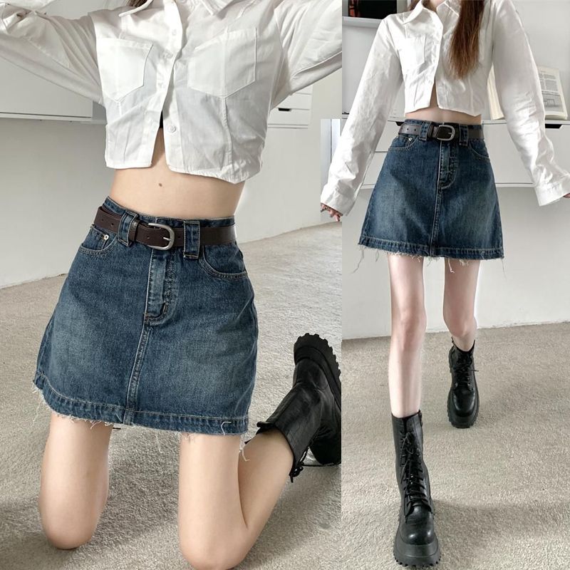 Retro Korean style fur-edged denim skirt for women in spring and summer loose pure style A-line Korean style ins hip denim skirt