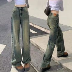 High-waisted wide-leg jeans for women loose and slim spring 2025 new niche design straight-leg floor pants