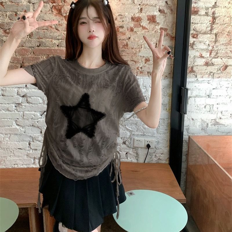 Large size irregular design American retro T-shirt Fat mm summer women's new drawstring short hot girl top