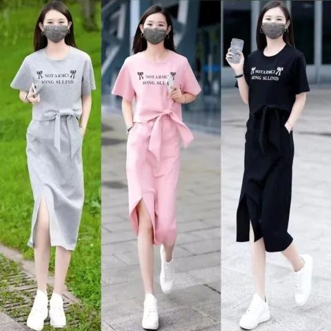 Casual suit 2025 summer fashionable new short-sleeved fashion T-shirt skirt two-piece set mid-length style