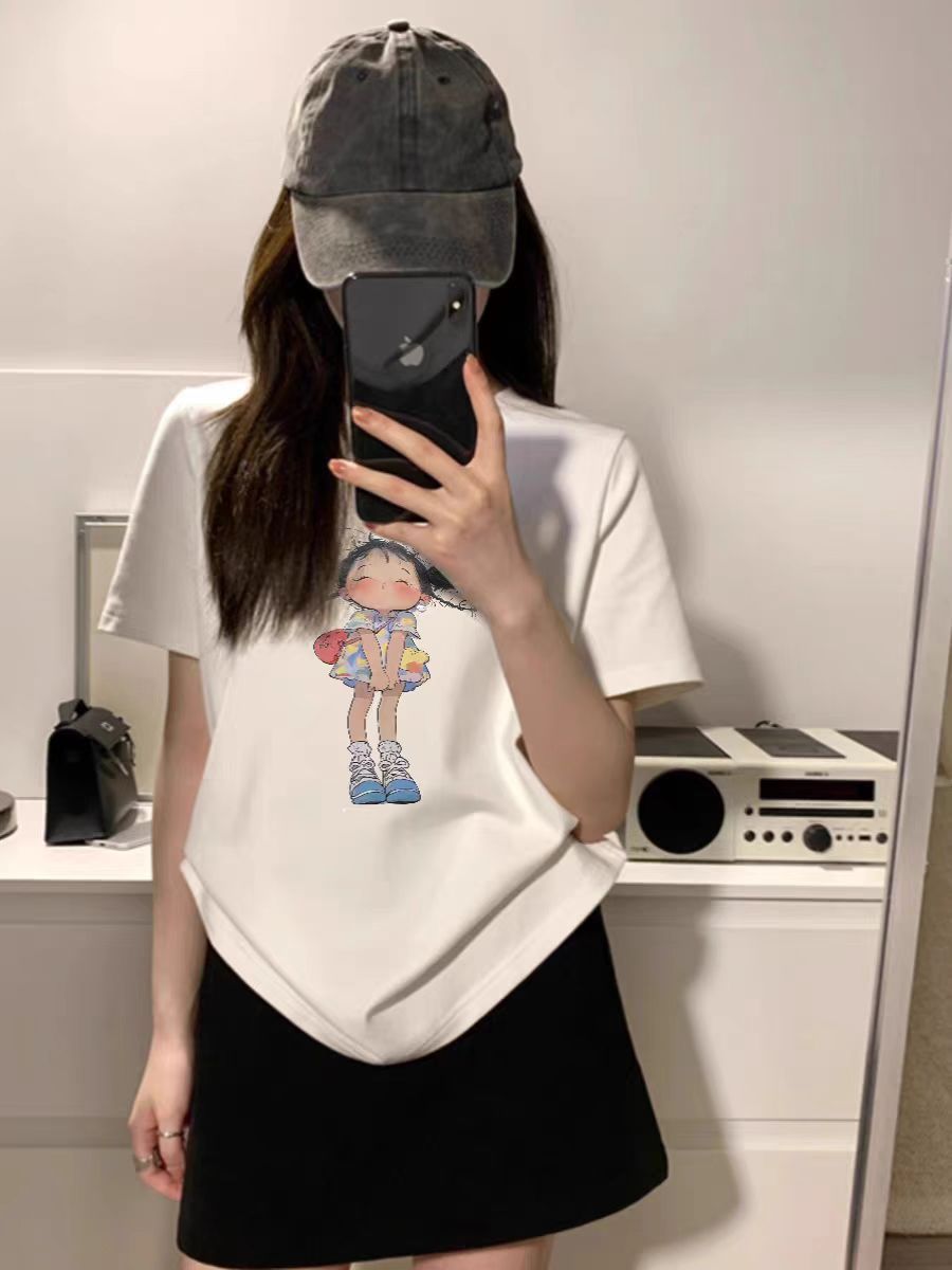 200g combed and tight-fitting sprinkler, pure cotton backpack, spring and summer loose shoulder printed short-sleeved T-shirt