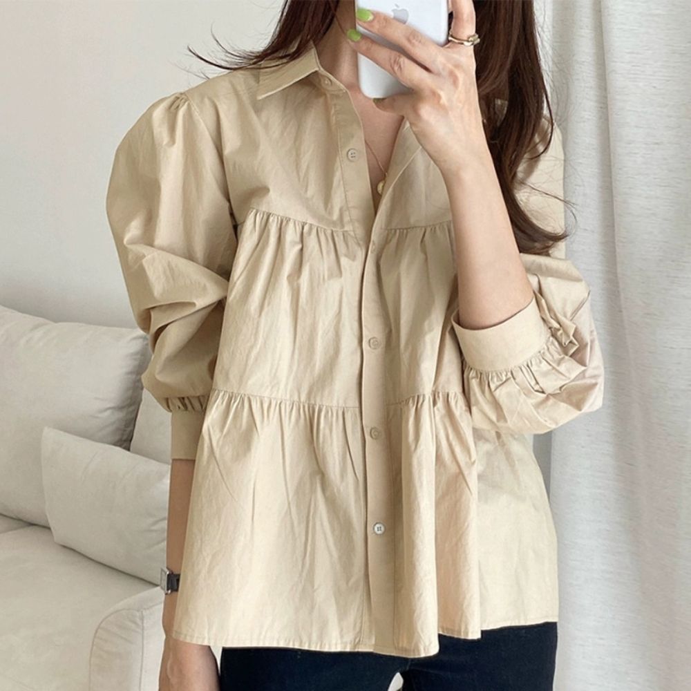 Korean chic simple and versatile lapel single-breasted wrinkle splicing design loose puff sleeve shirt top for women