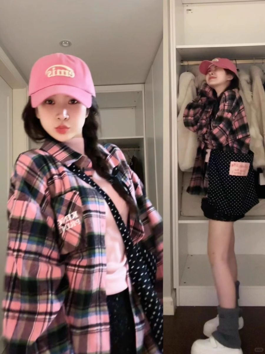 Retro pink blue checked shirt for women 2025 new Korean style ins loose casual slim shirt for outer wear