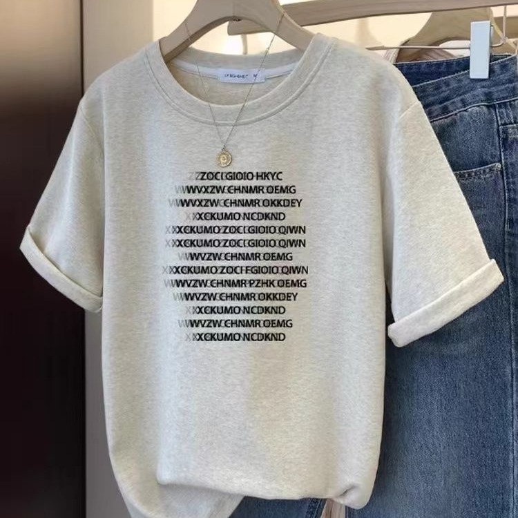Oatmeal Fashion Hip Hop Blur Letter Print Short Sleeve T-shirt Women's Autumn Top