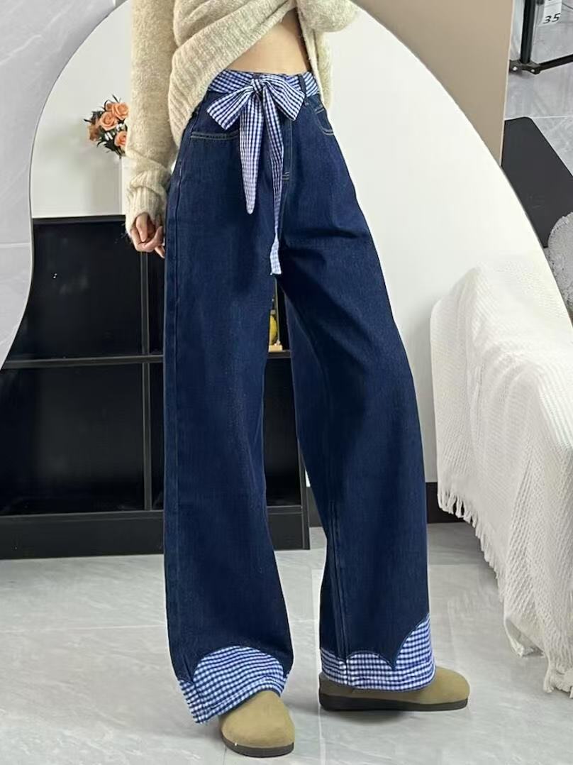High Street Spliced ​​Bow Loose Jeans for Women in Spring 2025 New High Waist Wide Legs Floating Pants