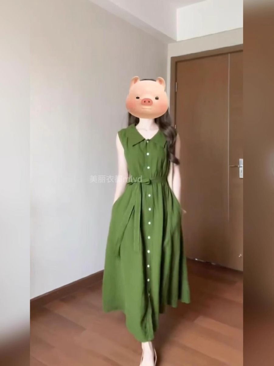 Retro literary green shirt sleeveless dress for women simple casual summer comfortable relaxed atmosphere long skirt