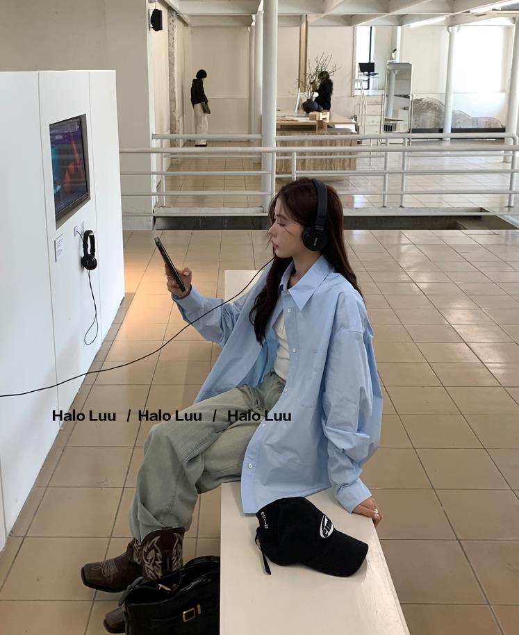 Halo Luu blue shirt for women in spring 2025 new Korean casual cotton loose jacket long sleeve shirt
