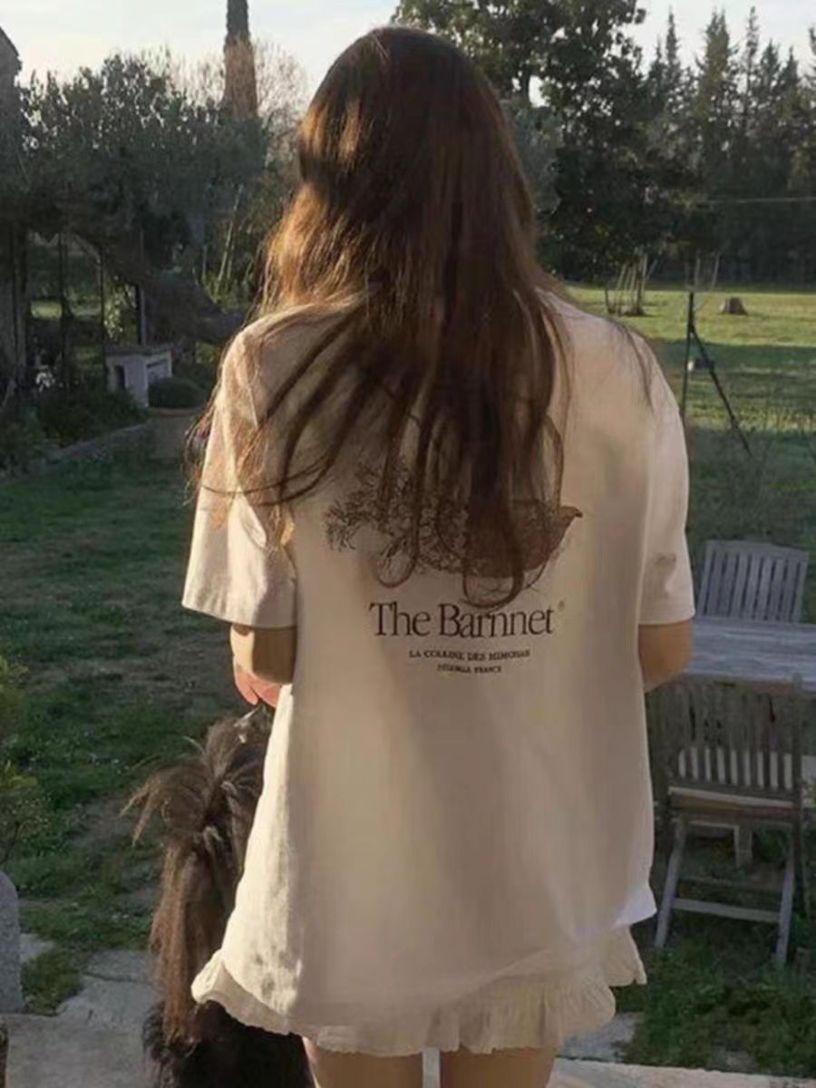 200g combed and tight-fitting sprinkler, pure cotton backpack, spring and summer loose shoulder printed short-sleeved T-shirt